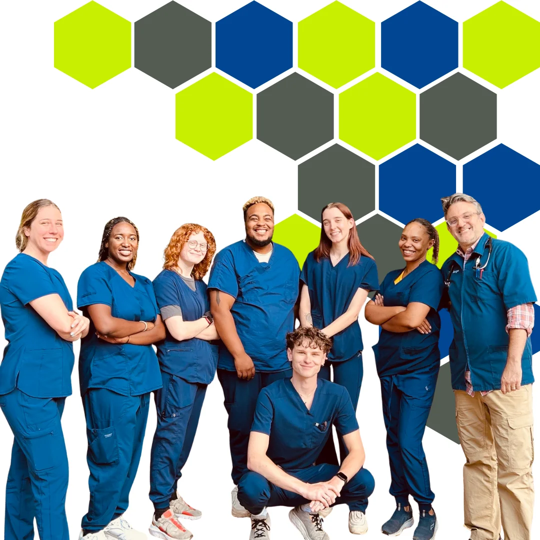 The PetWell Veterinary Healthcare team smiling in navy scrubs, standing together in front of a hexagon pattern in brand colors on a white background.